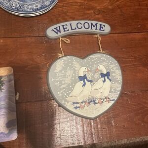 Vintage Goose Blue Ribbon Bow Wall Hanging Grandma Cottage Core Welcome Sign 80s